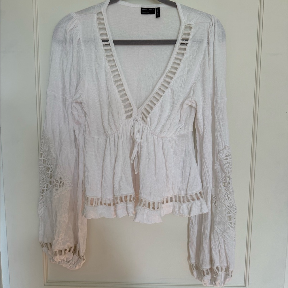 ASOS White Tie-Front Peasant Blouse with Ladder Trim